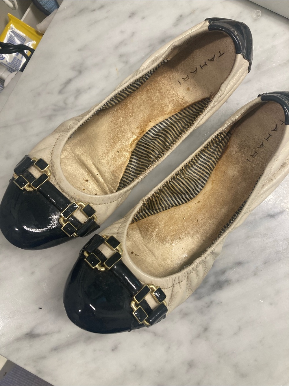 Tahari Cream Ballet Flats with Black Patent Cap Toe and Gold Hardware